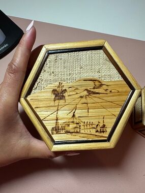 Hexagonal Wooden Trinket Box with Burnt Landscape Design